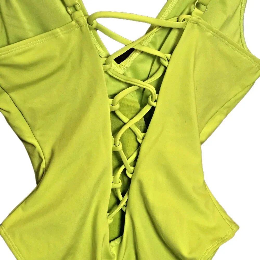 NEW TA3 Neon Yellow Plungey One Piece Swimsuit Bathing Suit Women's M Shapewear - Picture 7 of 9